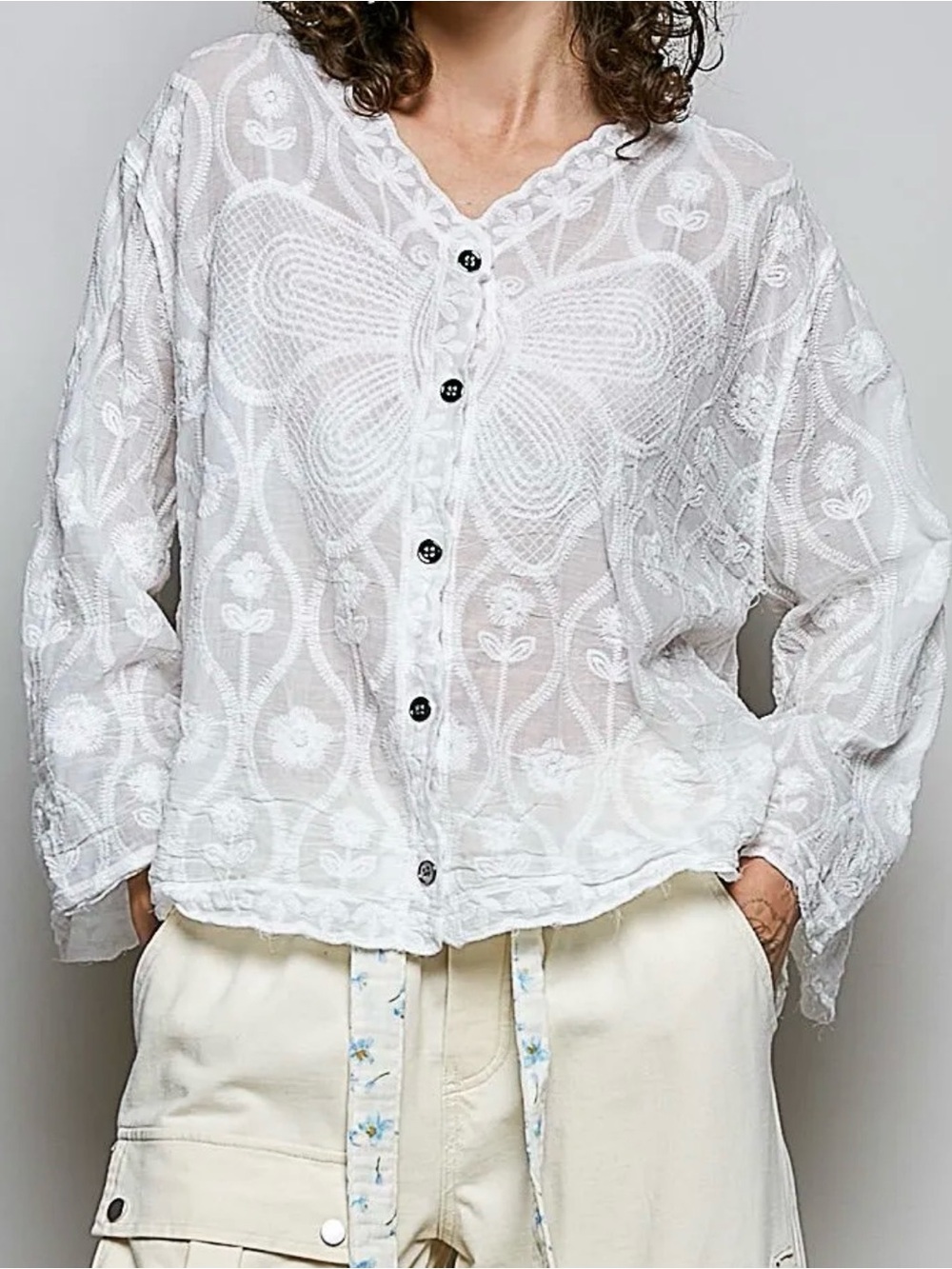 117. COST 🛑POL butterfly embroidered long sleeve button down sheer top